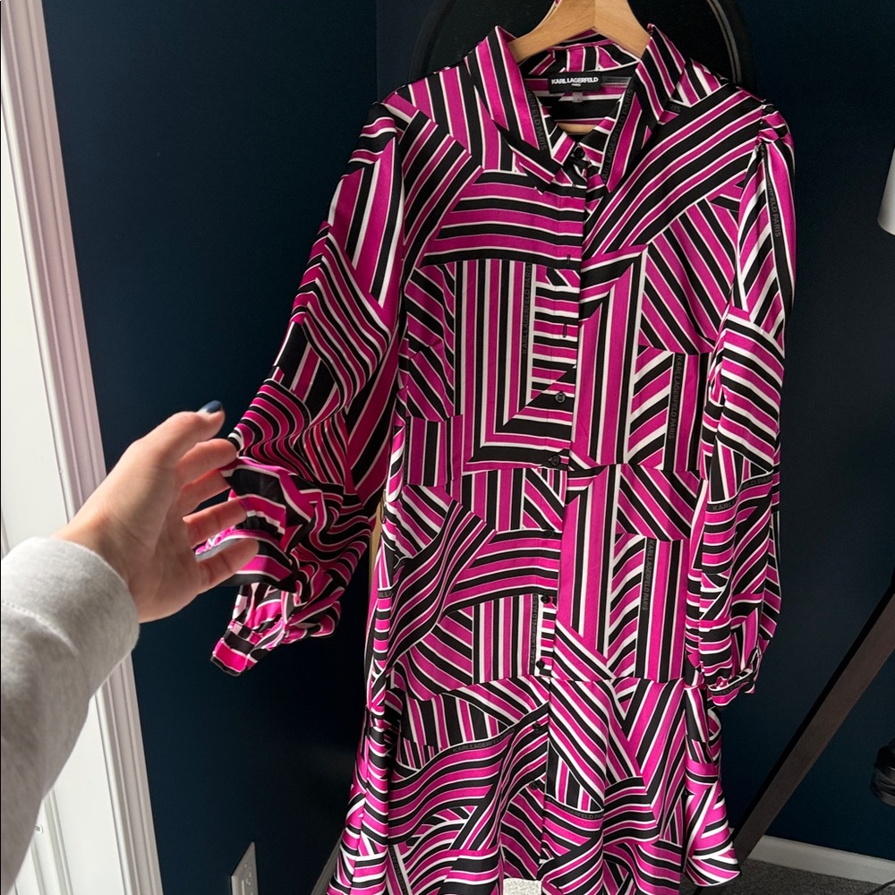 Karl Lagerfeld Fuschia and Black Geometric Button Down dress